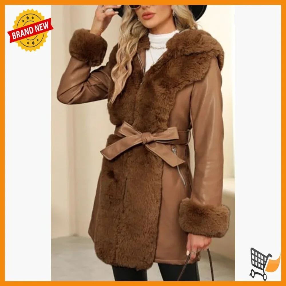 Women's Wool Pea Coat Faux Fur Parka with Belt Winter Warm Overcoat